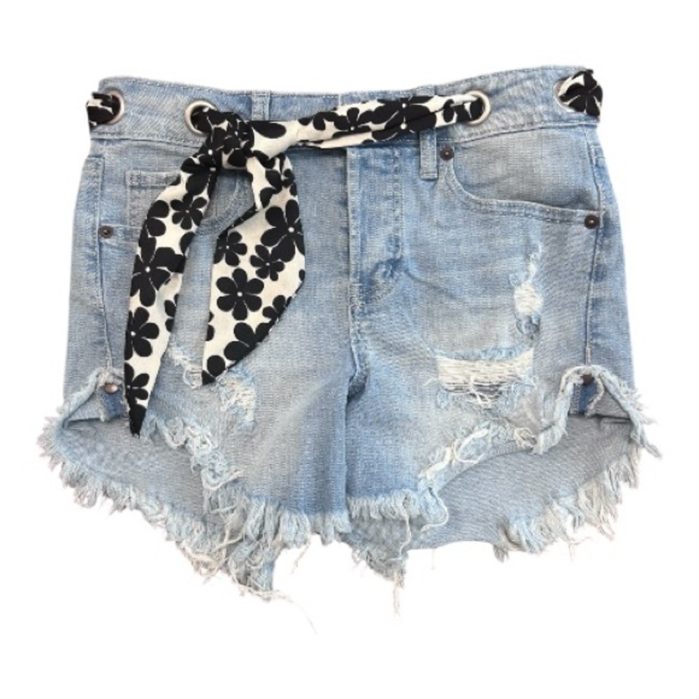 Altar'd State Light Blue Distressed Destroyed Jean Shorts with Black Floral Belt
